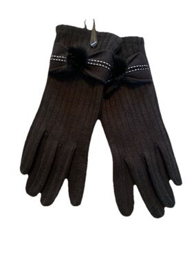 Black Fleece Lined Knit Gloves with Bow/Pom-Pom Accent
